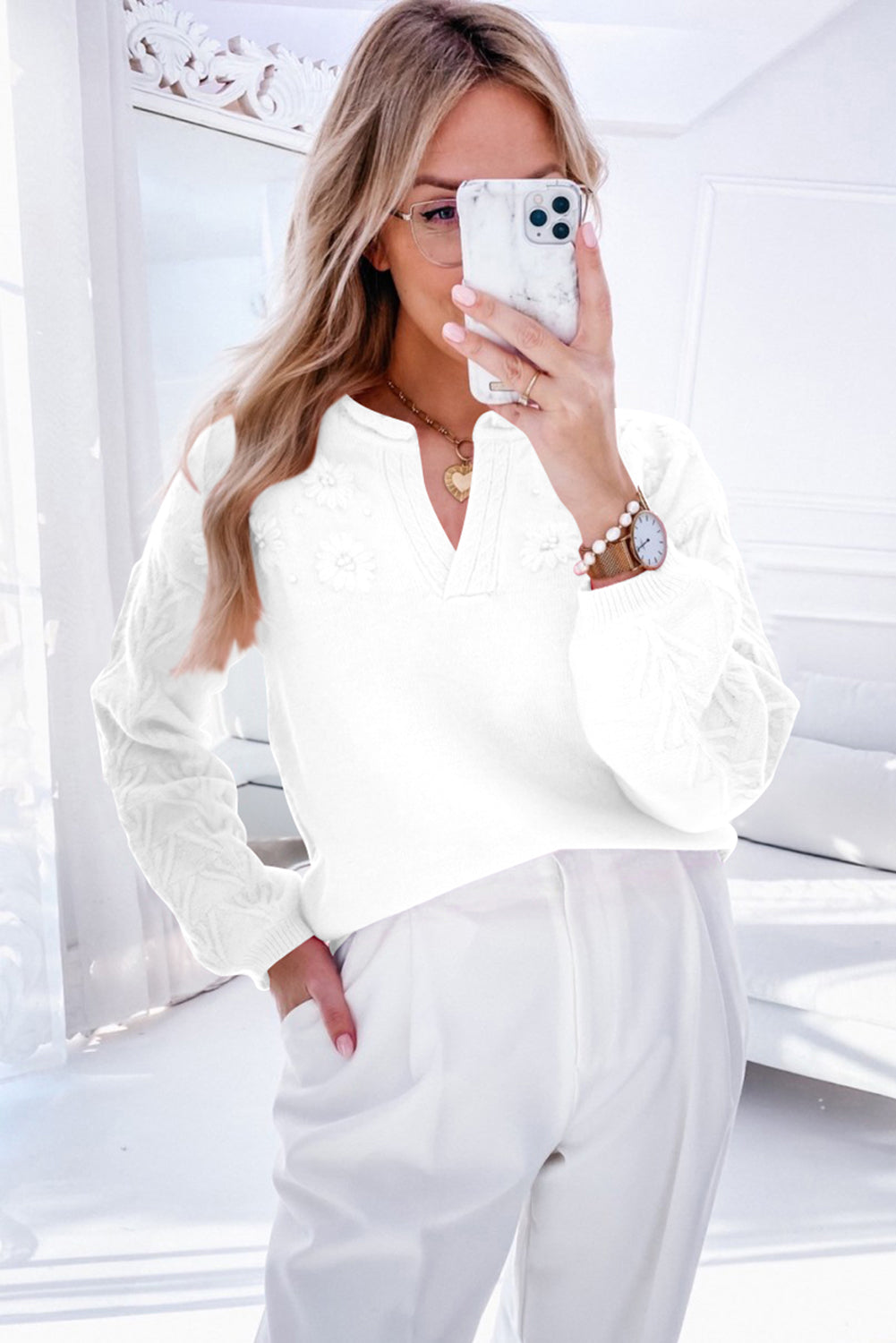 Alyssa – Knitted Notched Neck Sweater with Flower Embroidery
