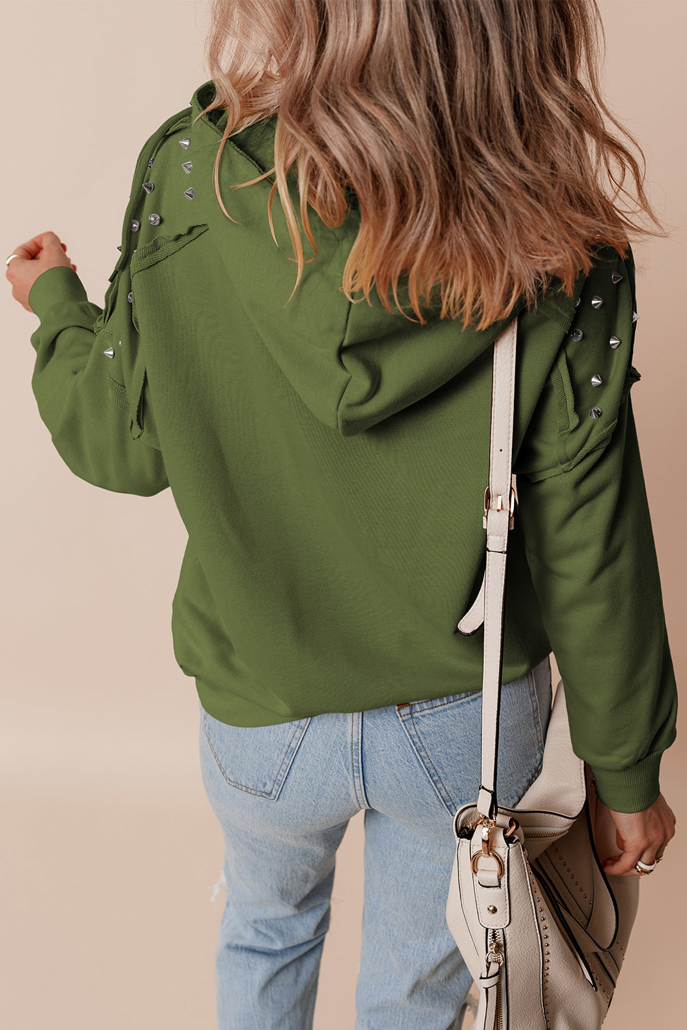 Elise – Solid Color Rivet Stud Raglan Sleeve Hoodie with Pocket