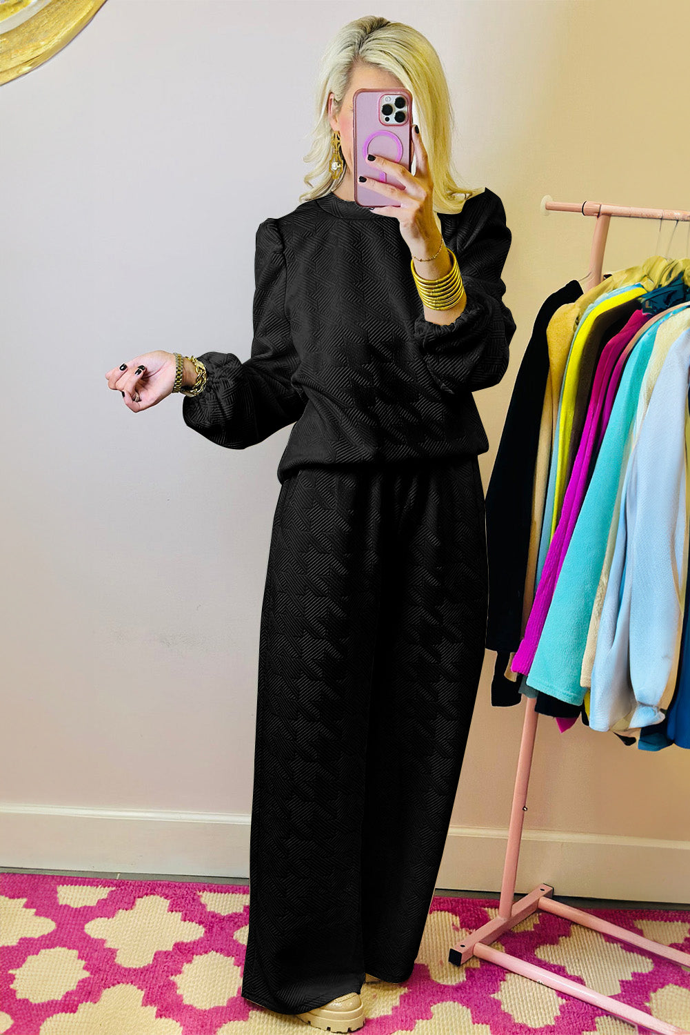 Dakota – Textured Puff Sleeve Top and Pants Set