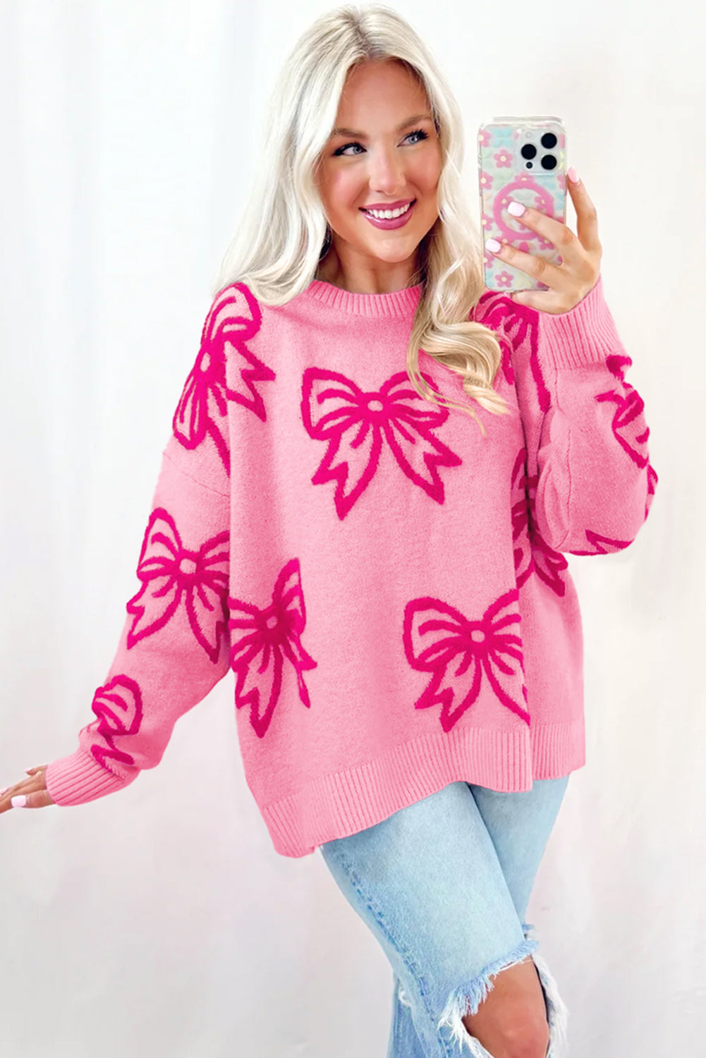 Teagan – Bow Pattern Drop Shoulder Knit Sweater