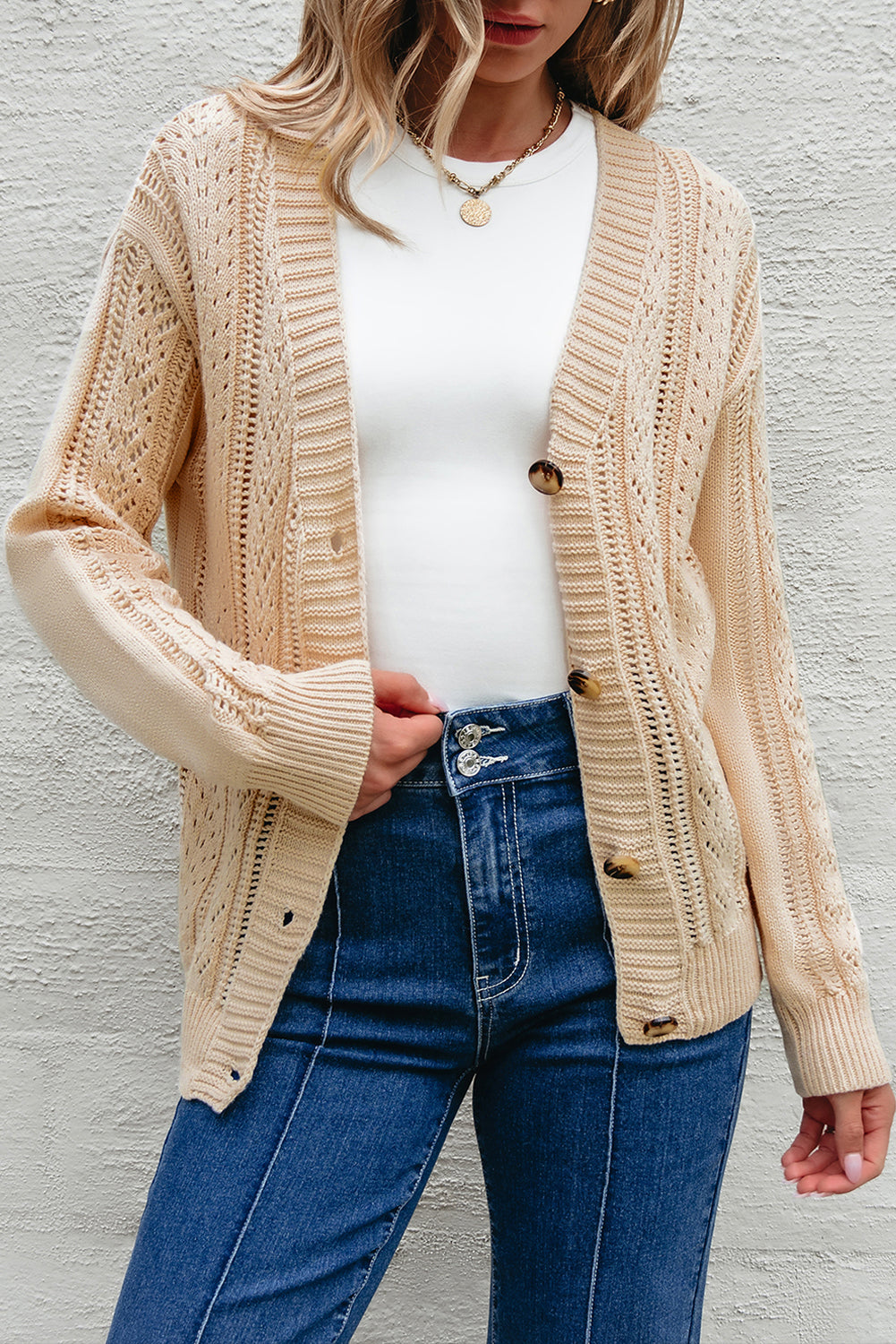 Winter – Women's Open Knit Buttoned Cardigan with Drop Shoulders
