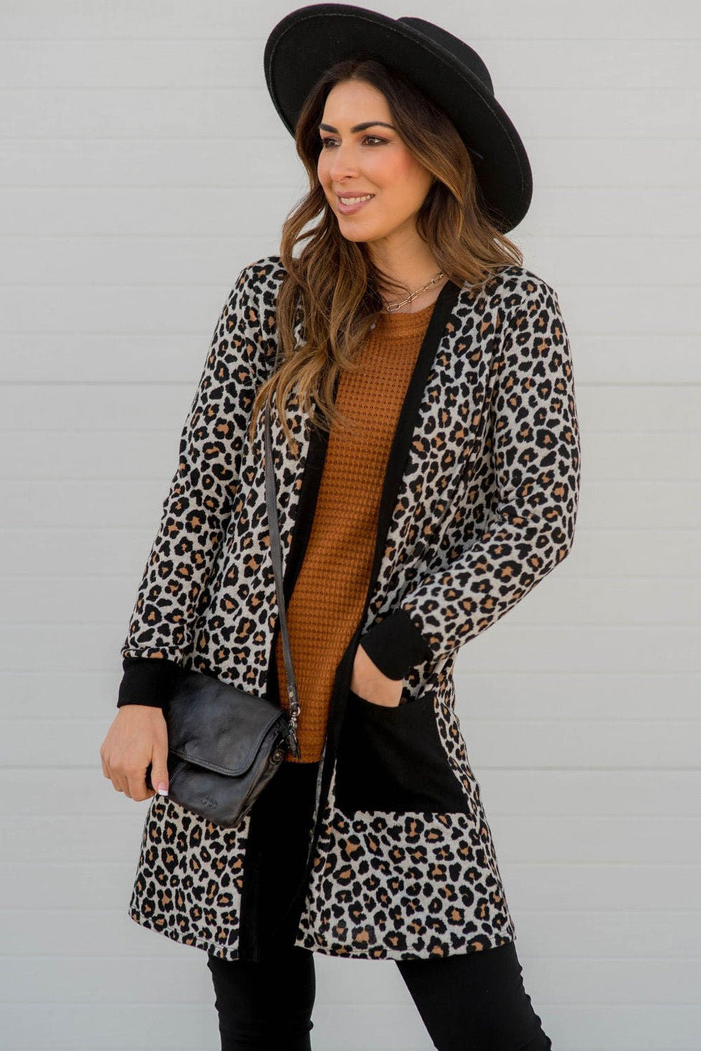 Aitana – Black Open Front Leopard Print Pocket Cardigan