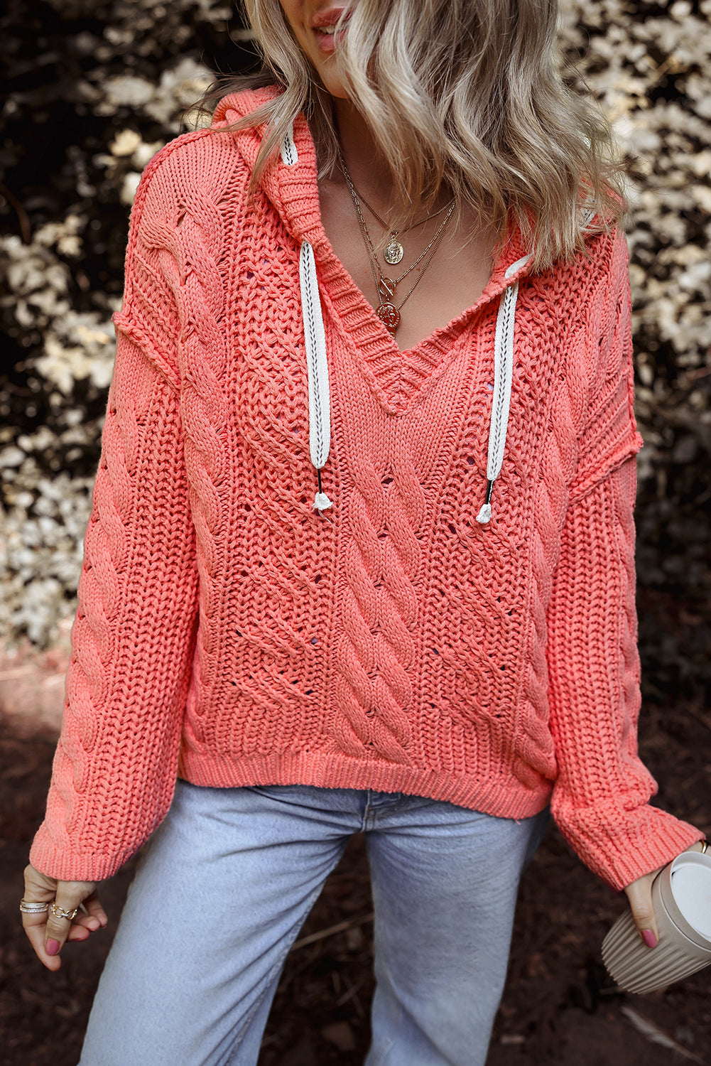 Heidi – Cable Knit Hooded Sweater with V-Neck and Drawstring