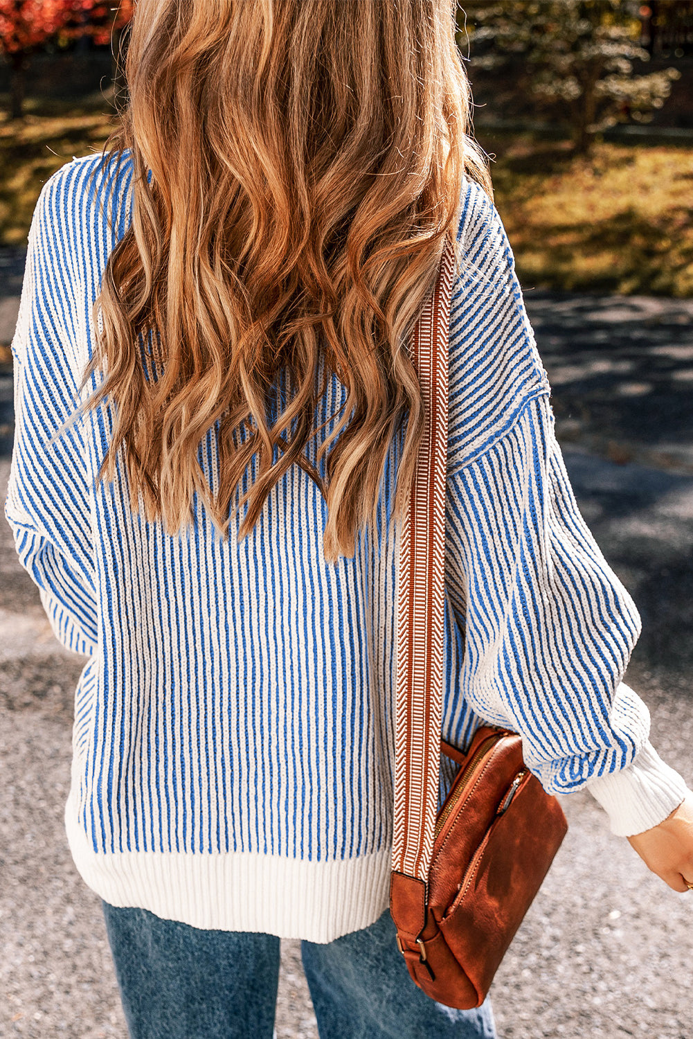 Navy – Women's Striped Textured Knit Loose Fit Sweater