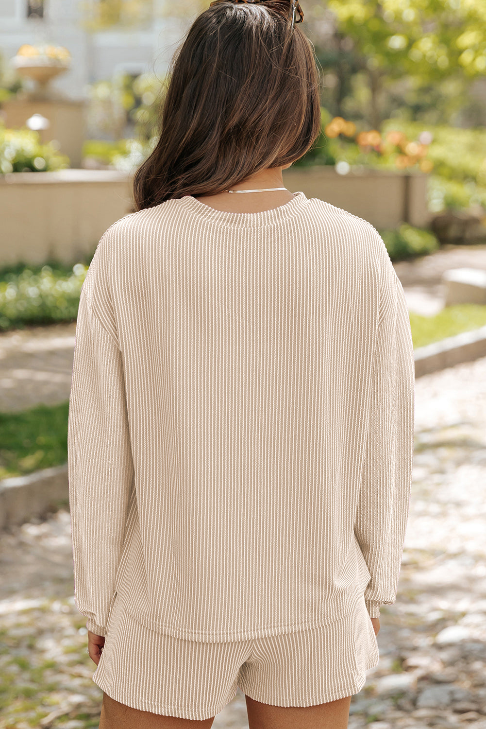 Lena – Corded Knit Long Sleeve Top and High Waist Shorts Set
