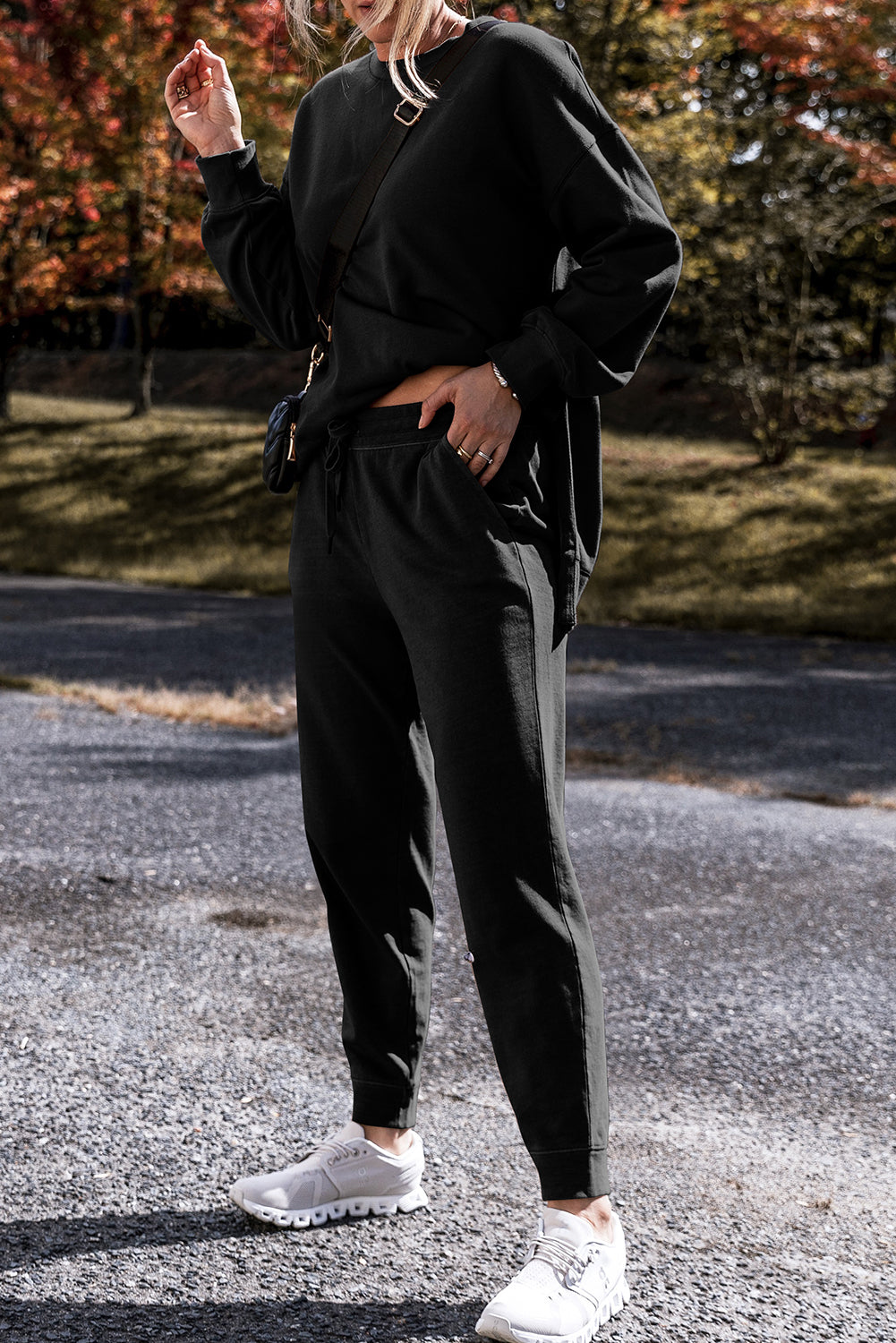 Jordyn – Black Solid Color High Low Pullover and Skinny Pants Set