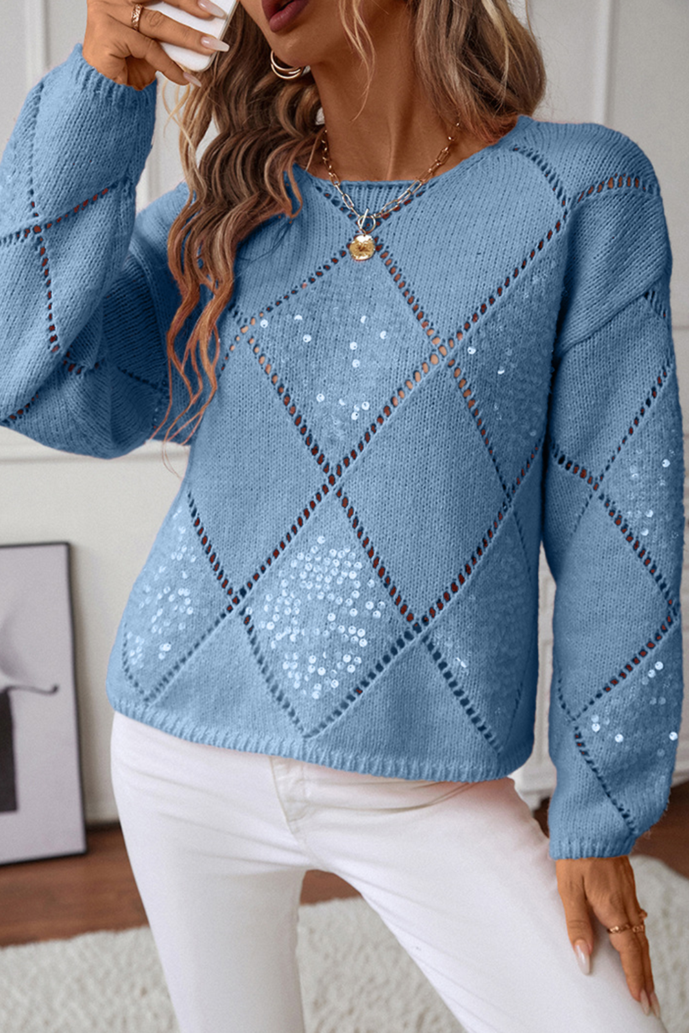 Selah – Light Pink Sequin Knit Sweater with Hollow Diamond Pattern