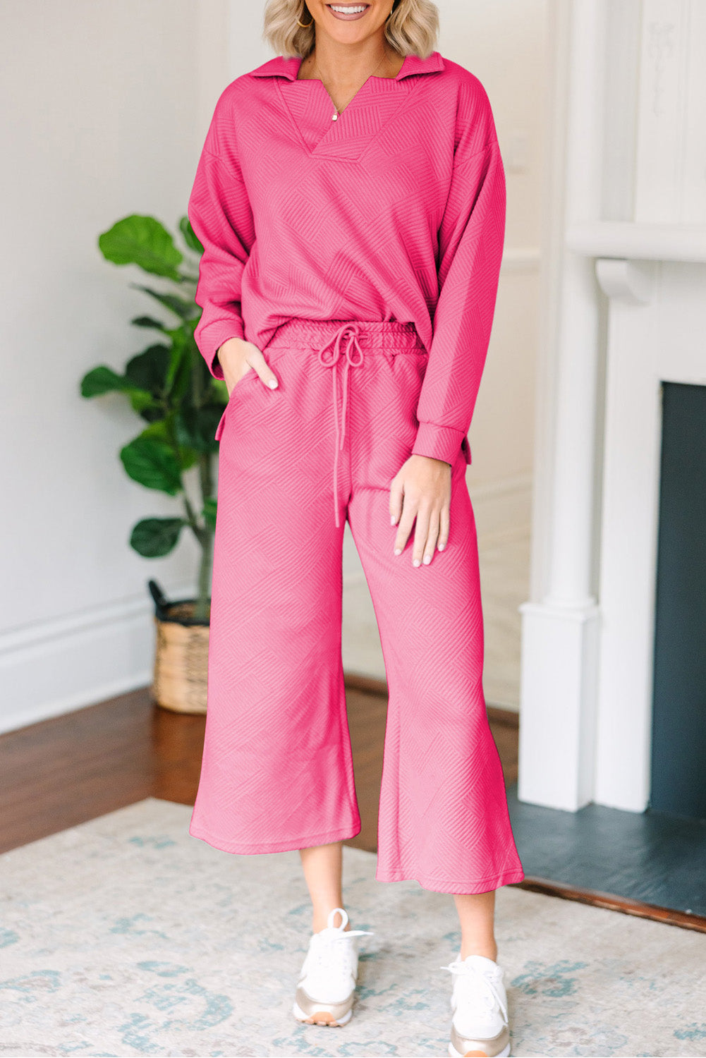 Talia – Solid Textured Collared V-Neck Top and Wide Leg Pants Set