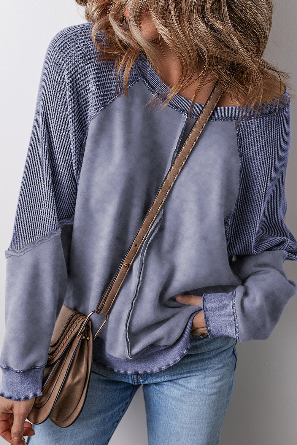 Gracelynn – Textured Waffle Knit Raglan Sleeve Pullover Sweatshirt