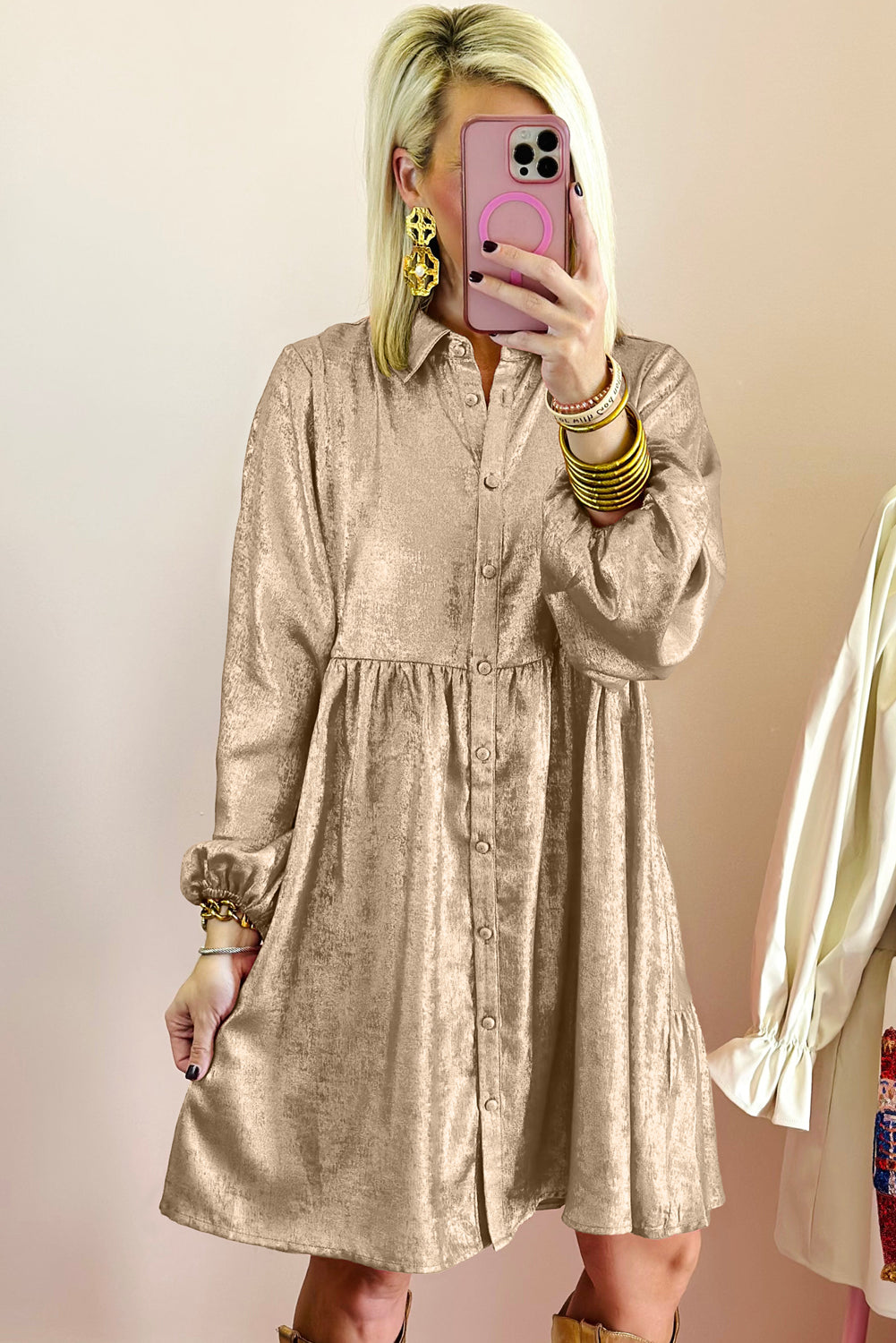 Alexandra – Apricot Metallic Puff Sleeve Mini Shirt Dress with Button Front