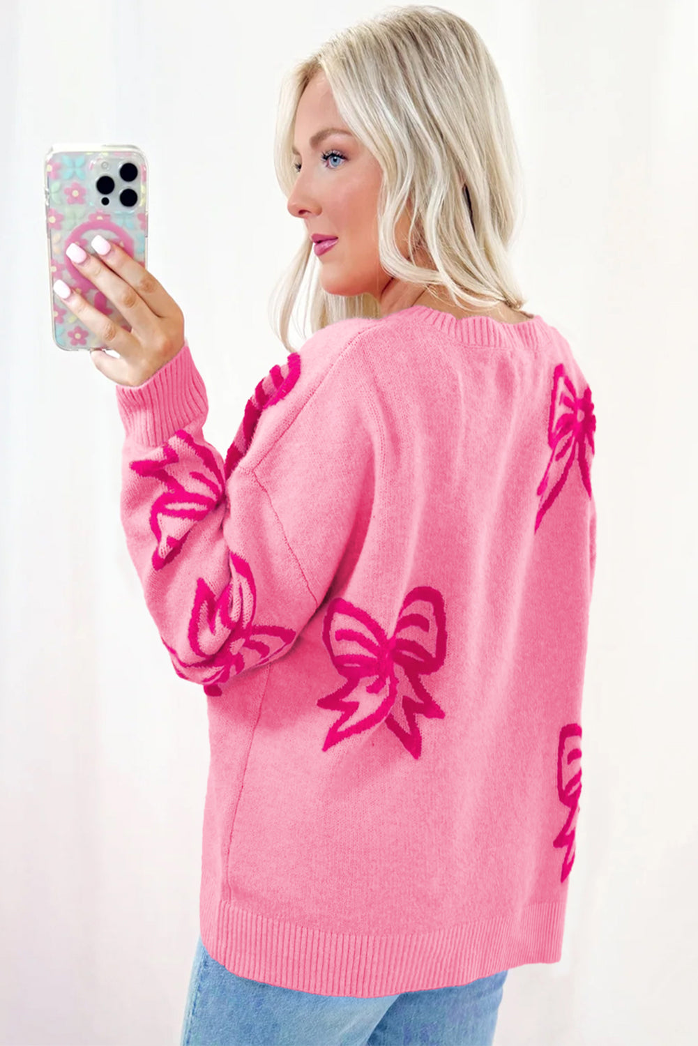 Teagan – Bow Pattern Drop Shoulder Knit Sweater