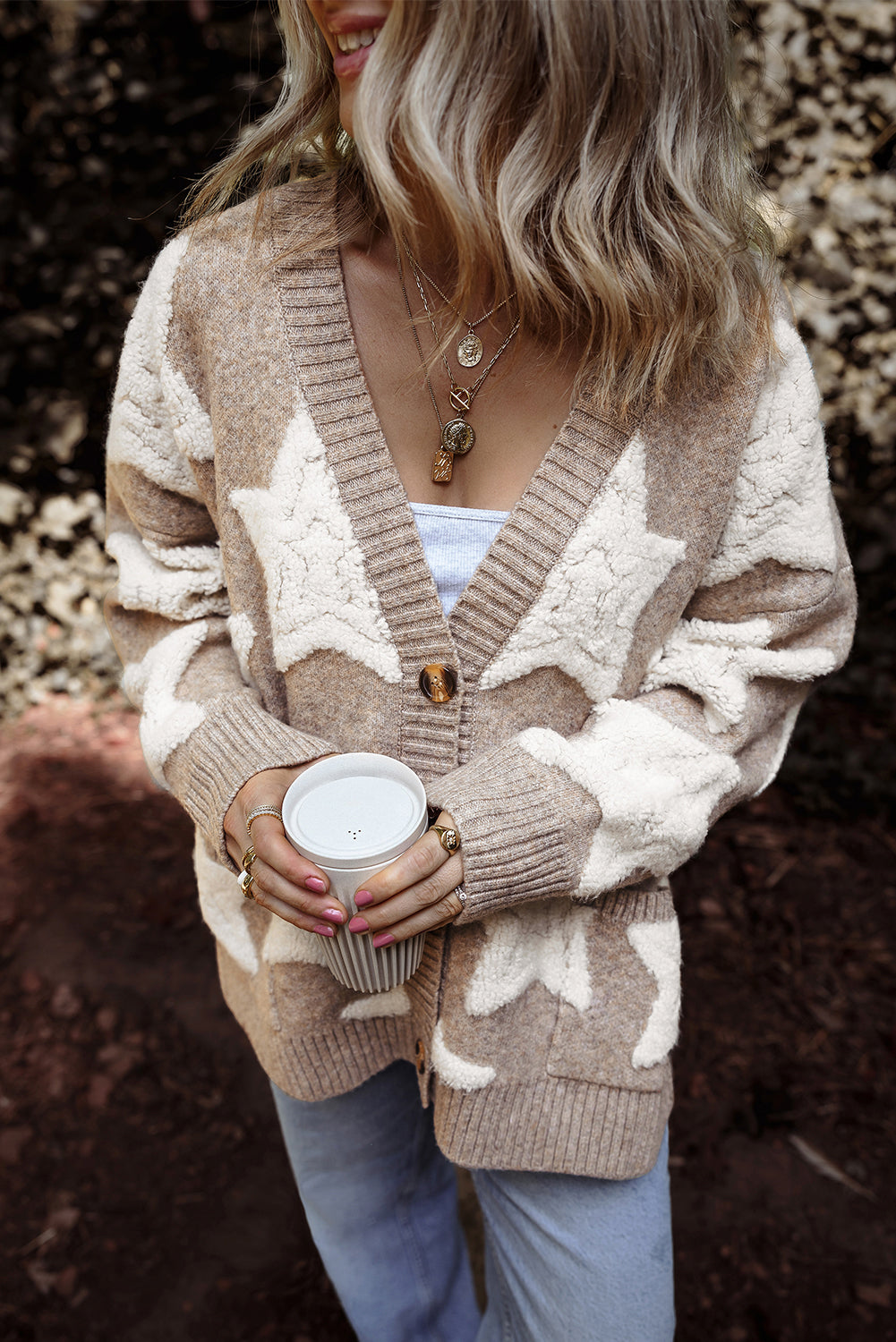 Amari – Sherpa Knit Cardigan with Star Texture