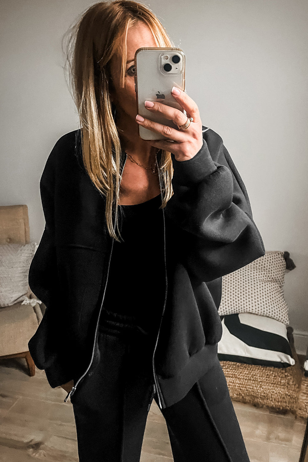Taylor – Solid Seamed Zipper Jacket and Drawstring Waist Pants Set