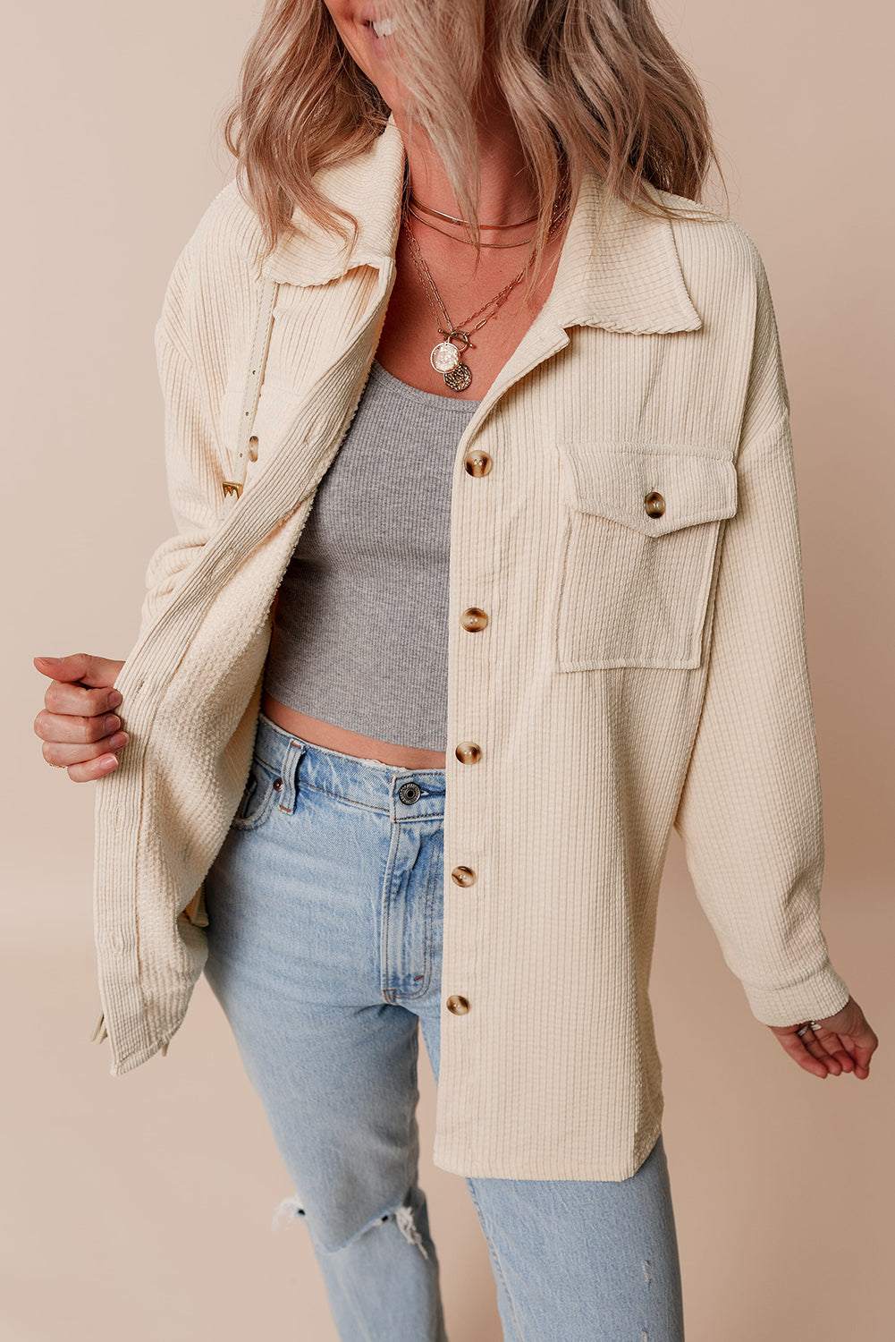 Jocelyn – Corduroy Button-Up Shacket with Flap Pockets