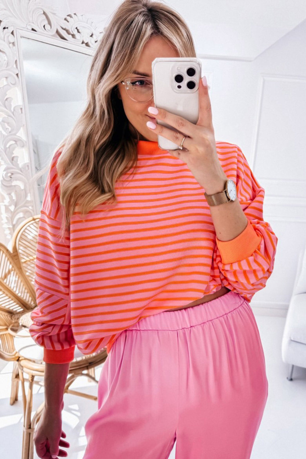 Lilliana – Women’s Striped Drop Shoulder Crew Neck Sweatshirt