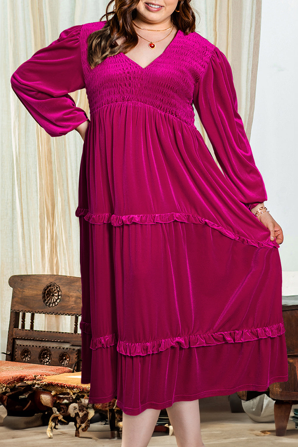 Jane – Plus Size Velvet Maxi Dress with V-Neck, Ruffle Tiers & Puff Sleeves