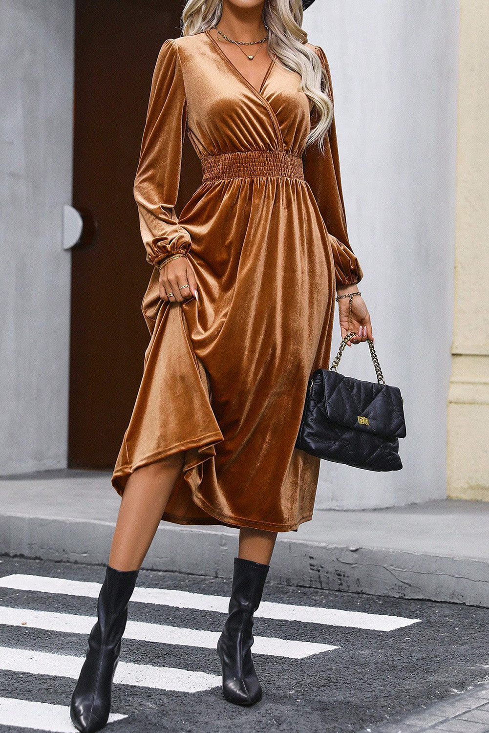 Wren – Camel Velvet Midi Dress with V-Neck, Smocked Waist & Long Sleeves