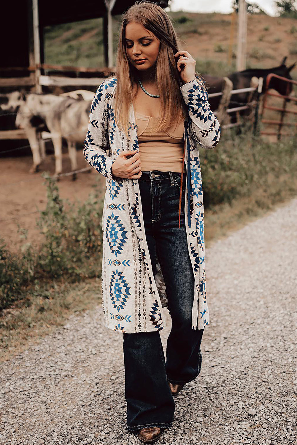 Morgan – Brown Western Aztec Printed Open Front Long Cardigan