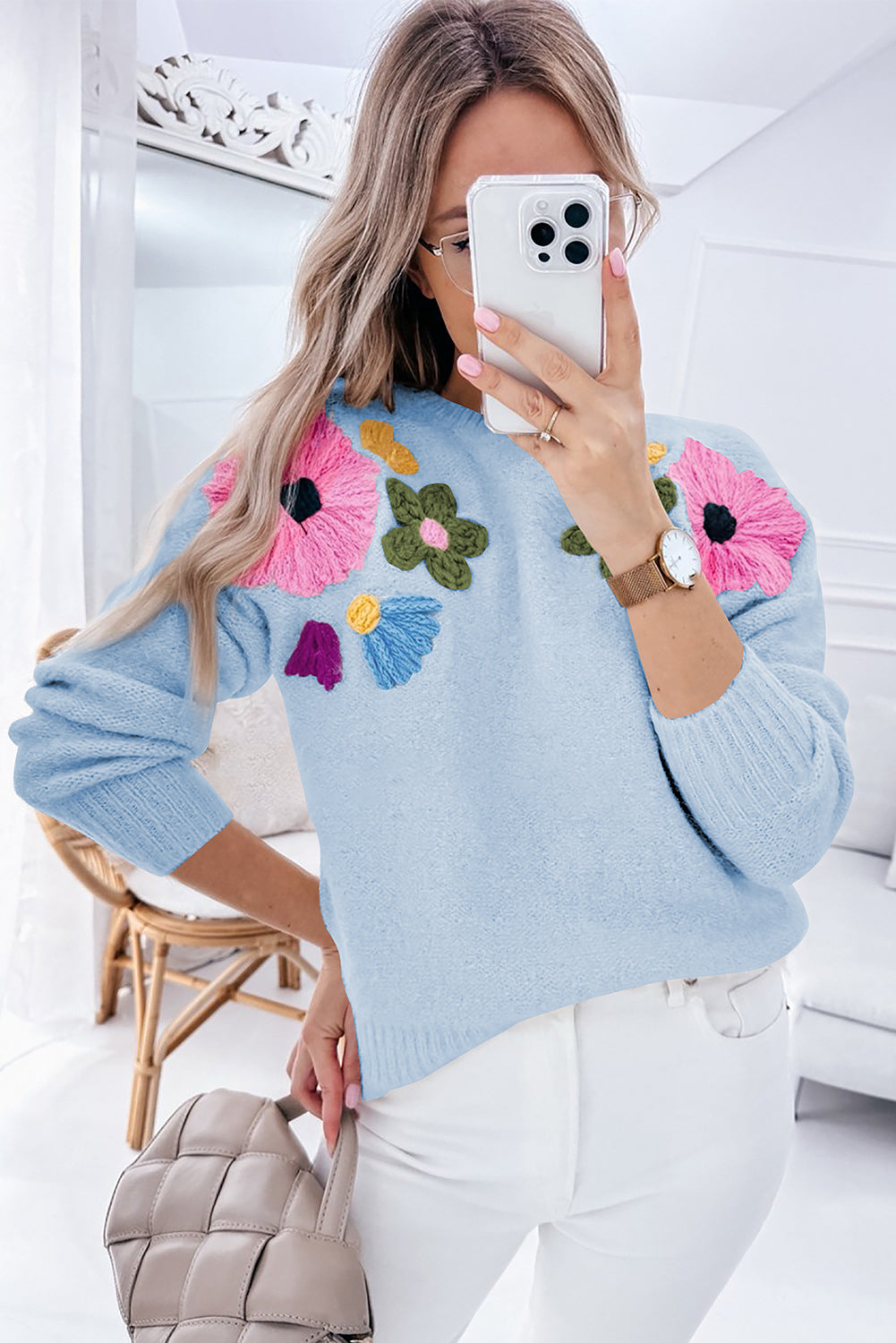 Harley – Knitted Floral Pattern Sweater with Ribbed Trim