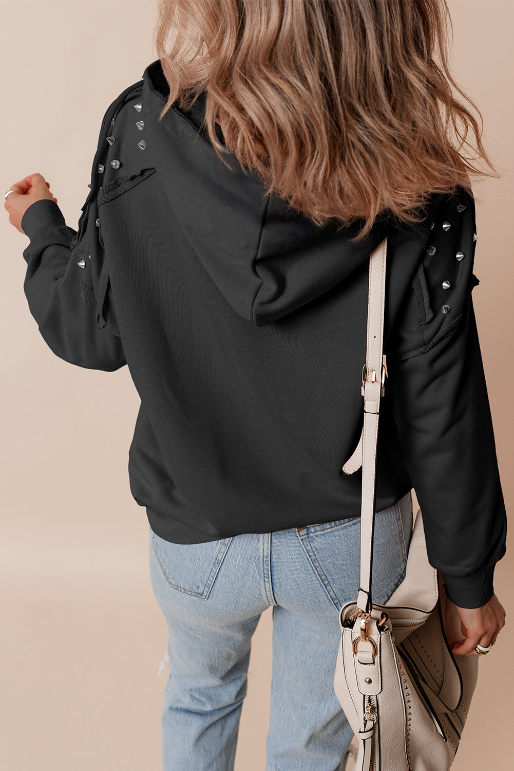 Elise – Solid Color Rivet Stud Raglan Sleeve Hoodie with Pocket