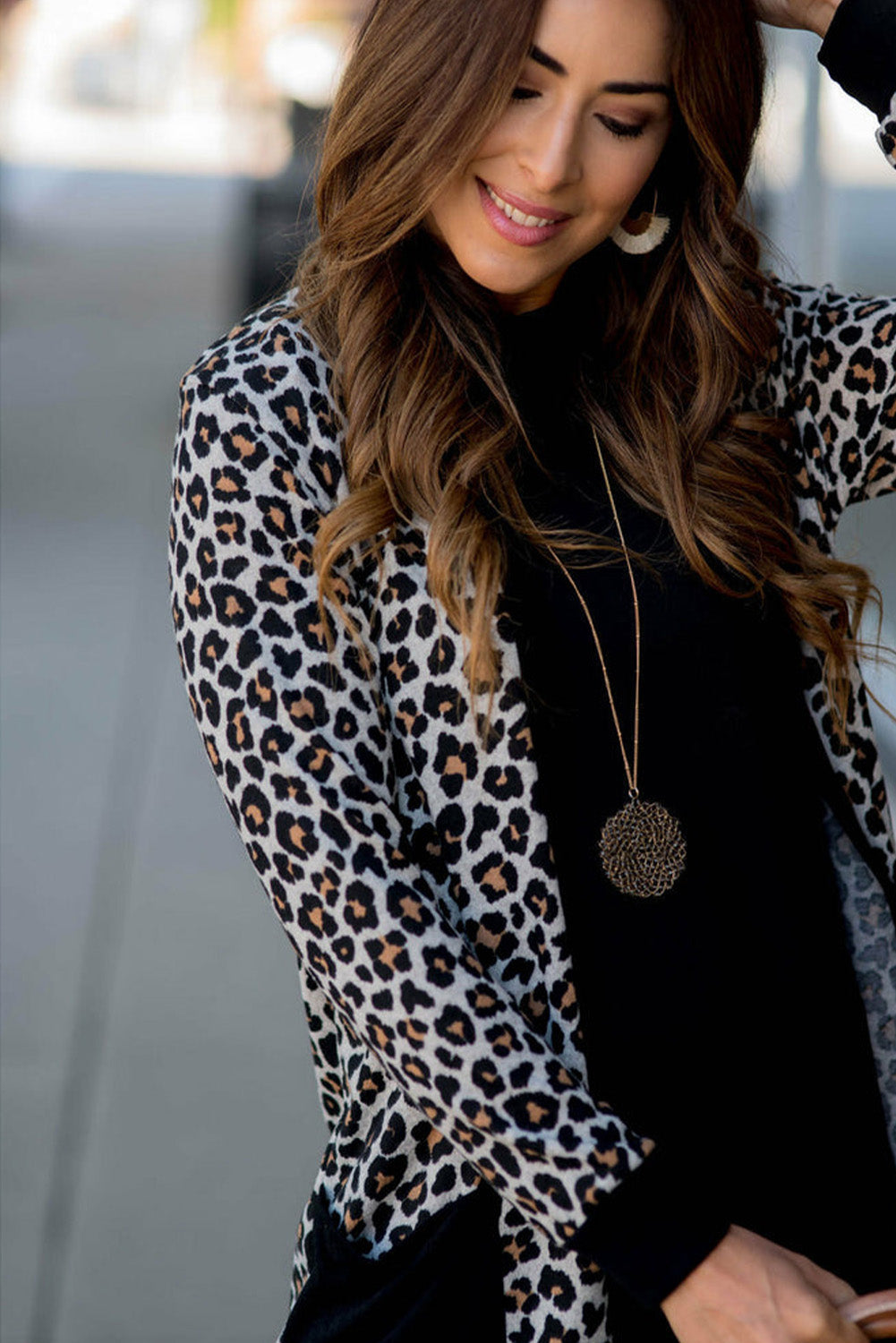 Aitana – Black Open Front Leopard Print Pocket Cardigan