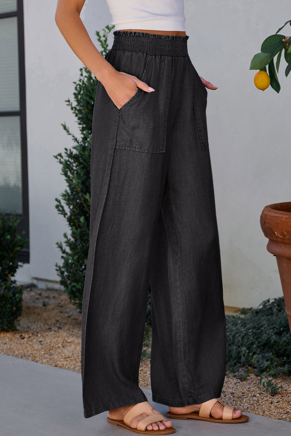Gracie – Side Pockets Frilled Smocked High Waist Wide Leg Jeans