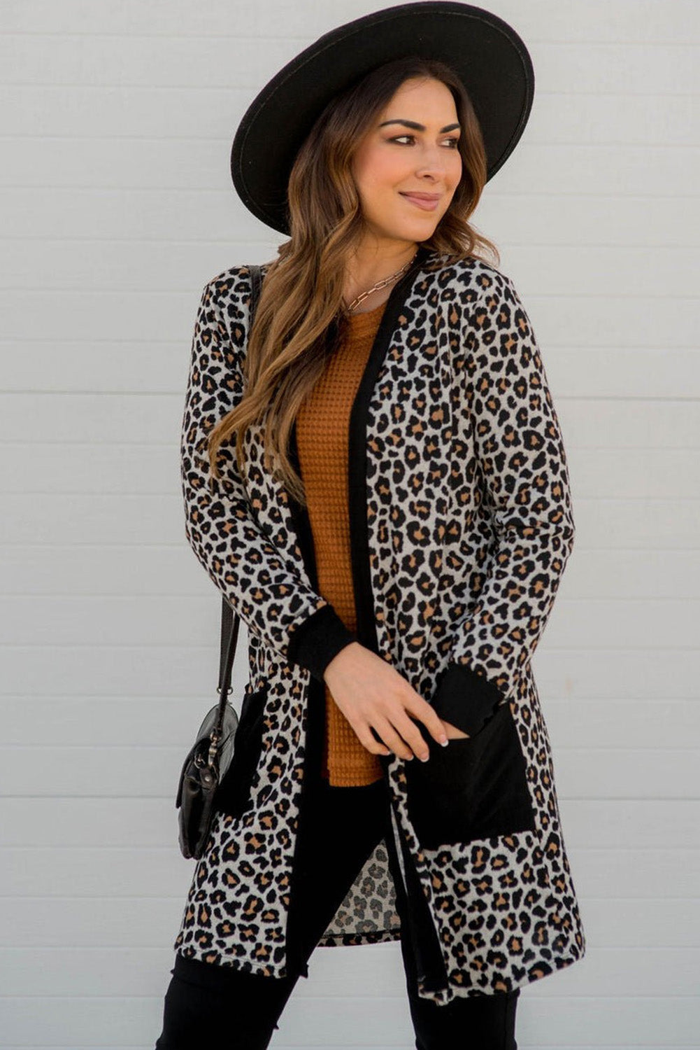 Aitana – Black Open Front Leopard Print Pocket Cardigan