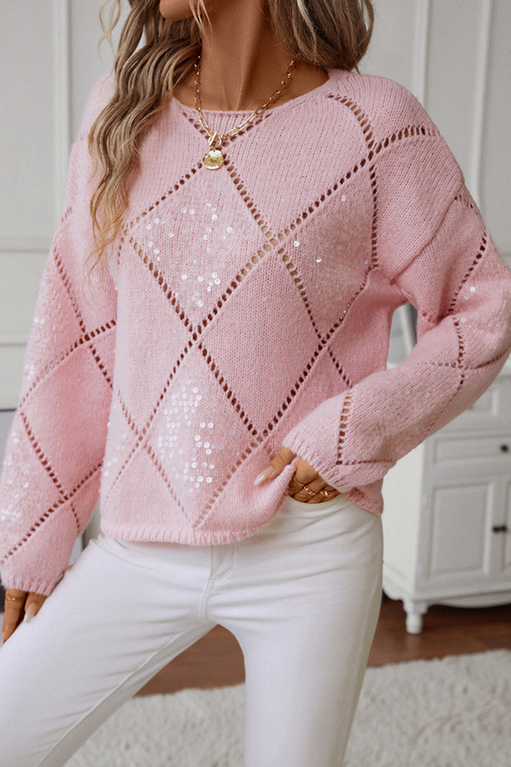 Selah – Light Pink Sequin Knit Sweater with Hollow Diamond Pattern