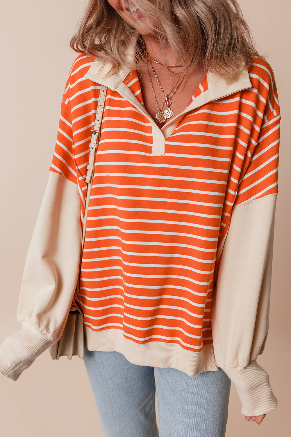 Angelina – Stripe Color Block Drop Shoulder Sweatshirt with Collar