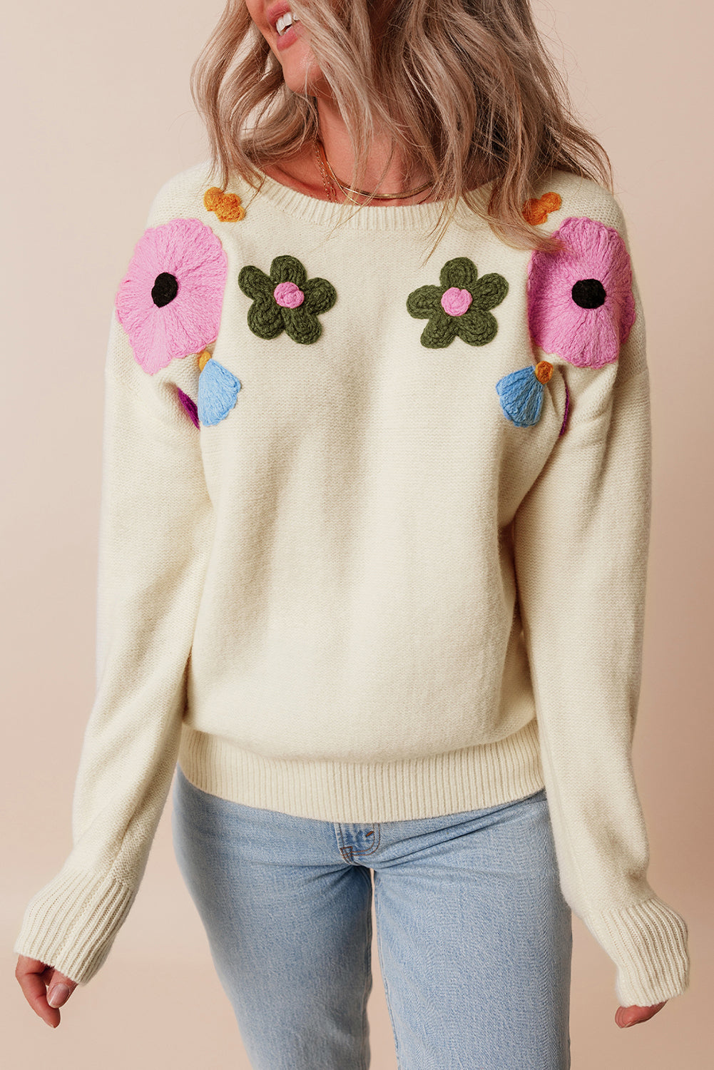 Harley – Knitted Floral Pattern Sweater with Ribbed Trim