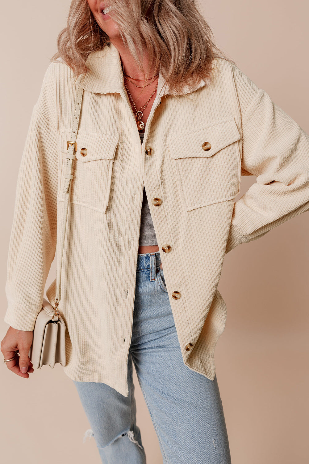 Jocelyn – Corduroy Button-Up Shacket with Flap Pockets
