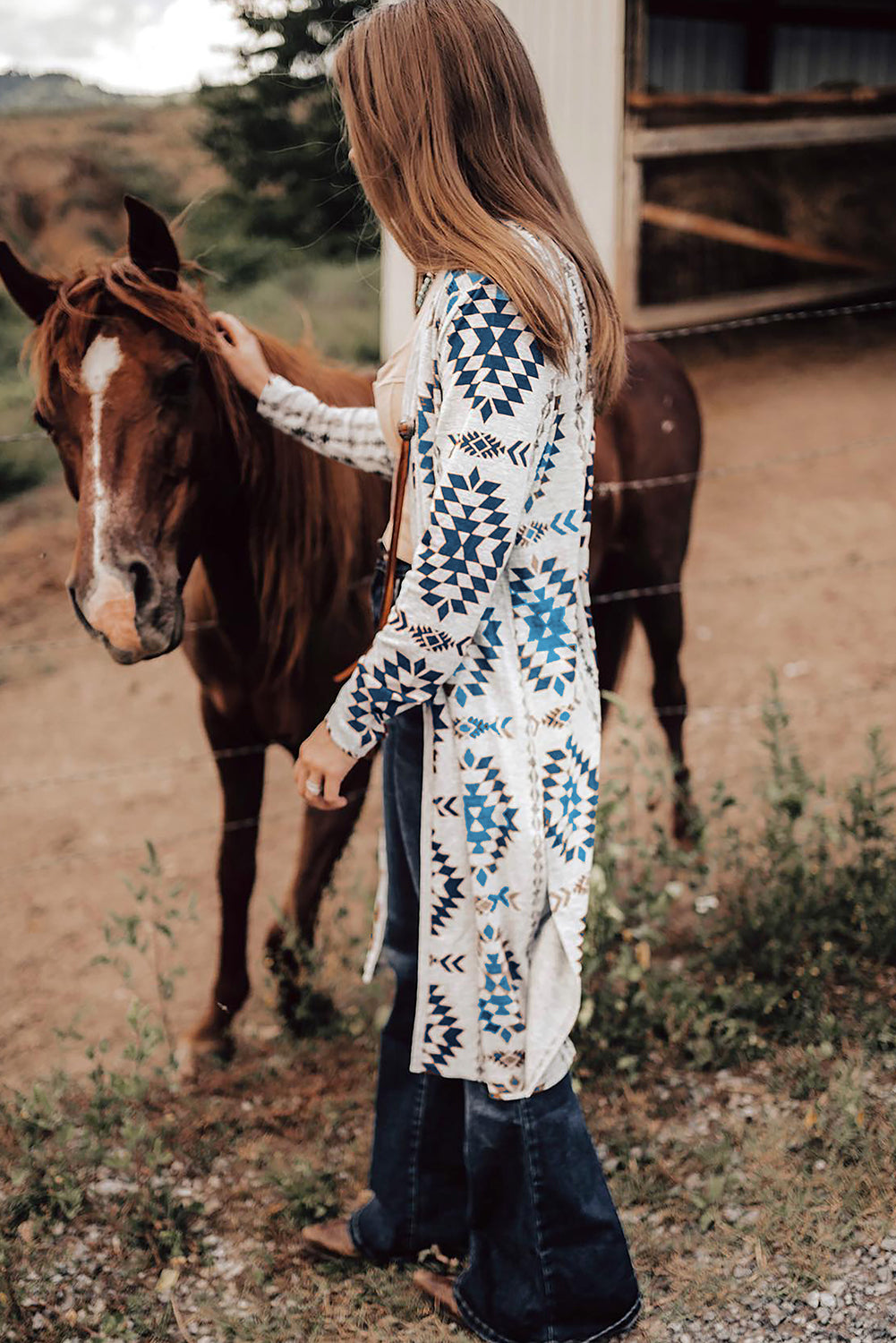 Morgan – Brown Western Aztec Printed Open Front Long Cardigan
