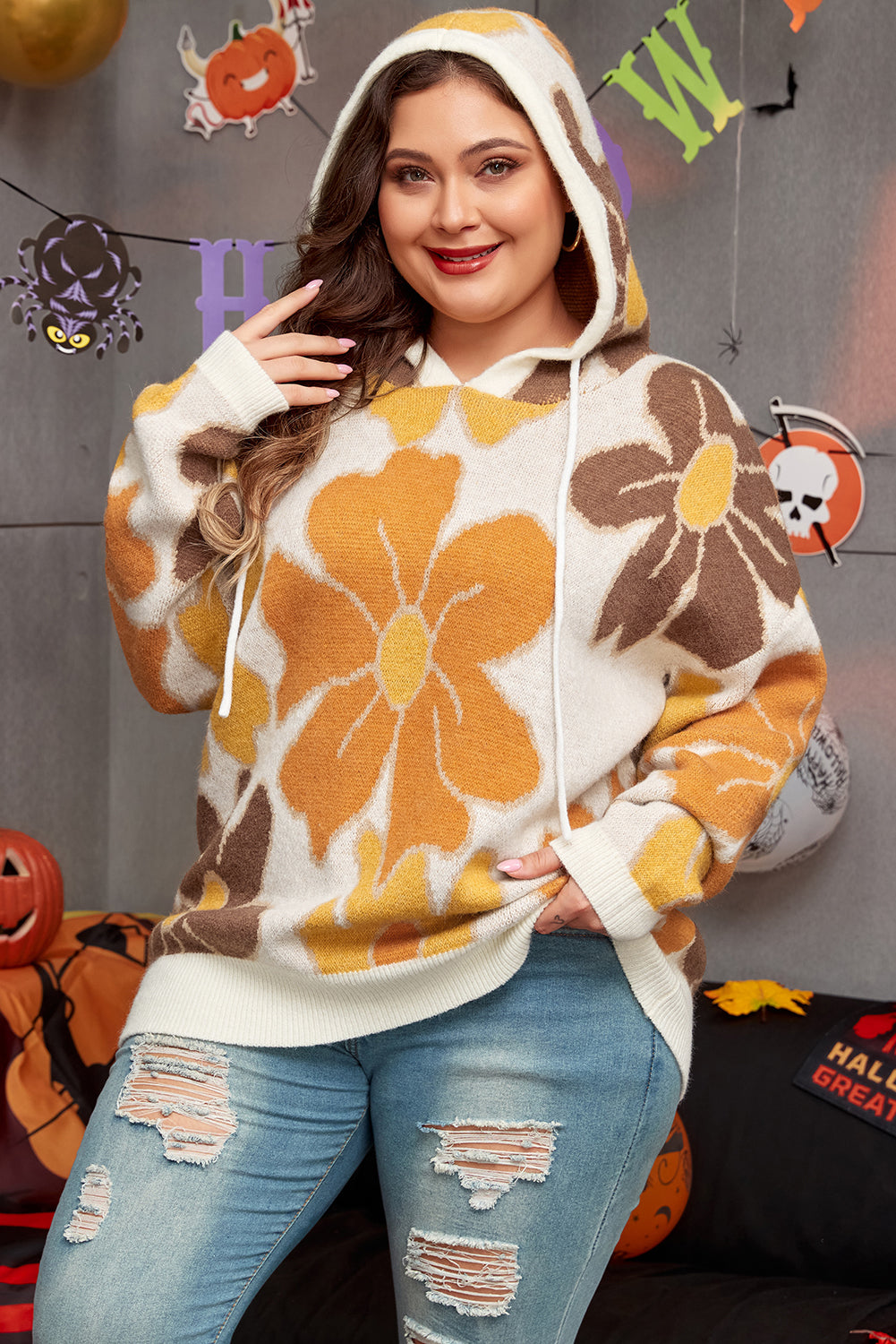 Aniyah – Plus Size Knitted Hoodie with Floral Design