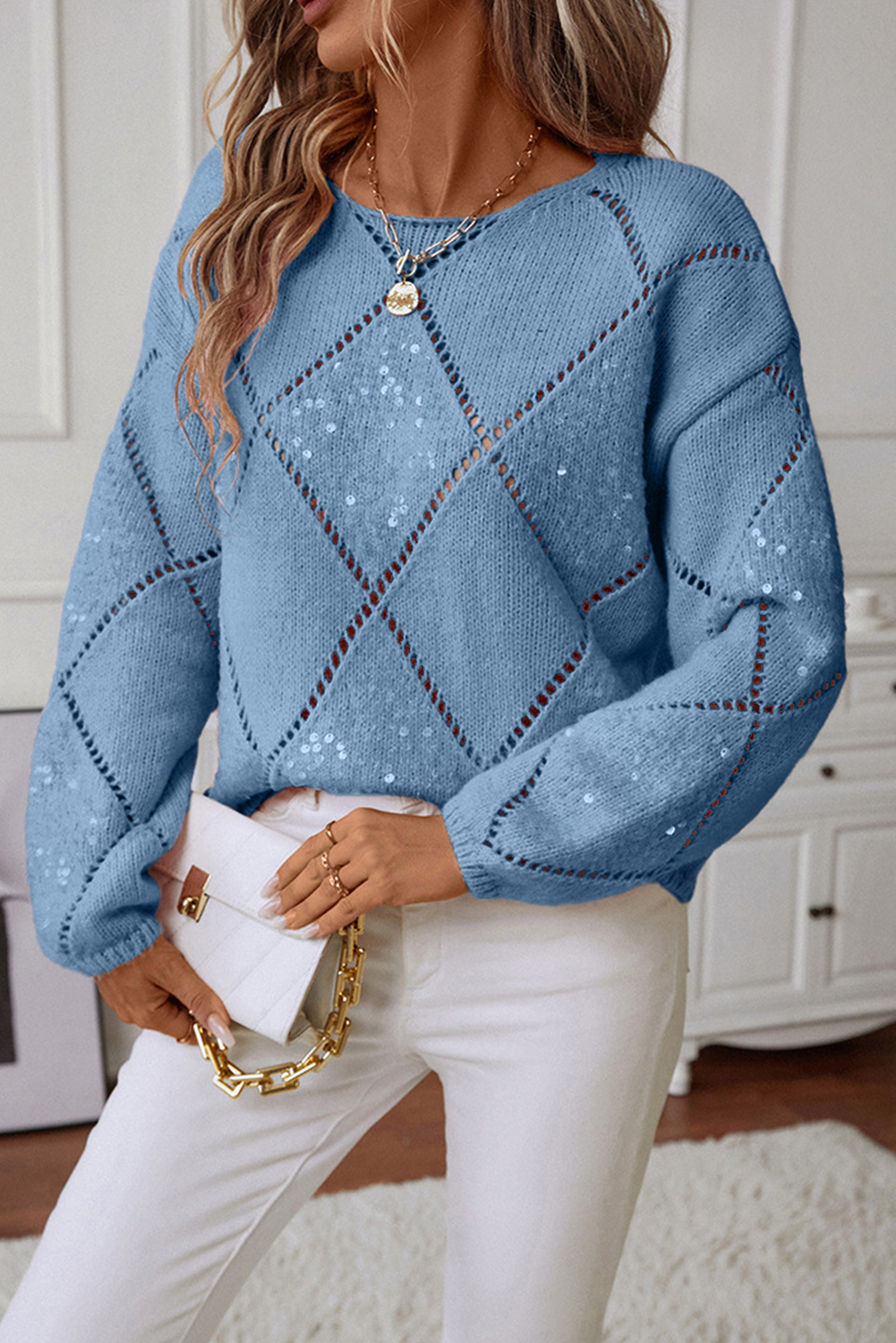 Selah – Light Pink Sequin Knit Sweater with Hollow Diamond Pattern
