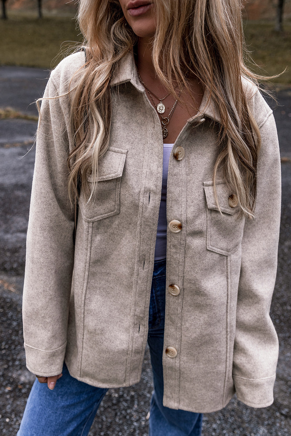 Jayla – Women's Light Grey Button-Up Shacket with Pockets