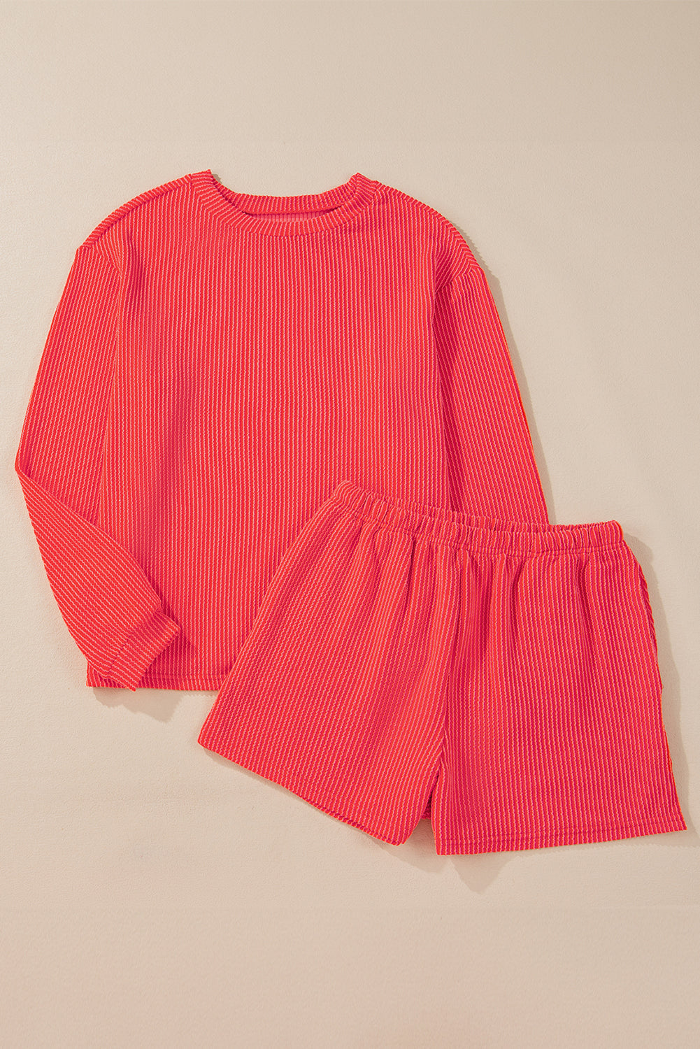 Lena – Corded Knit Long Sleeve Top and High Waist Shorts Set