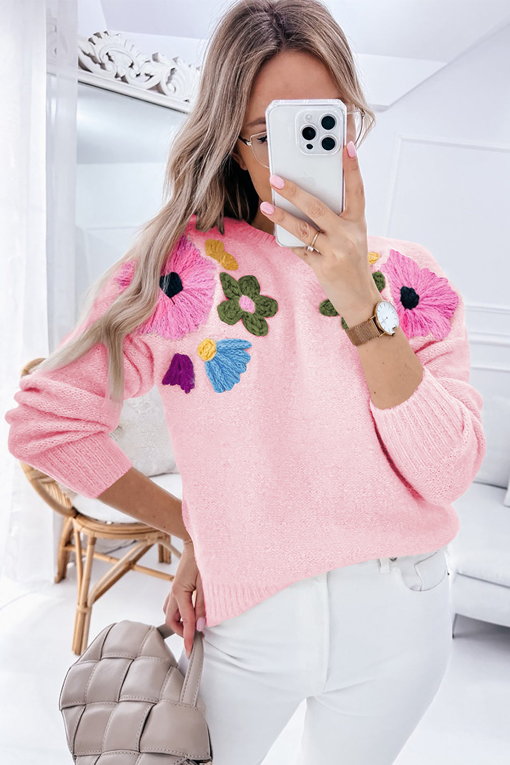 Harley – Knitted Floral Pattern Sweater with Ribbed Trim