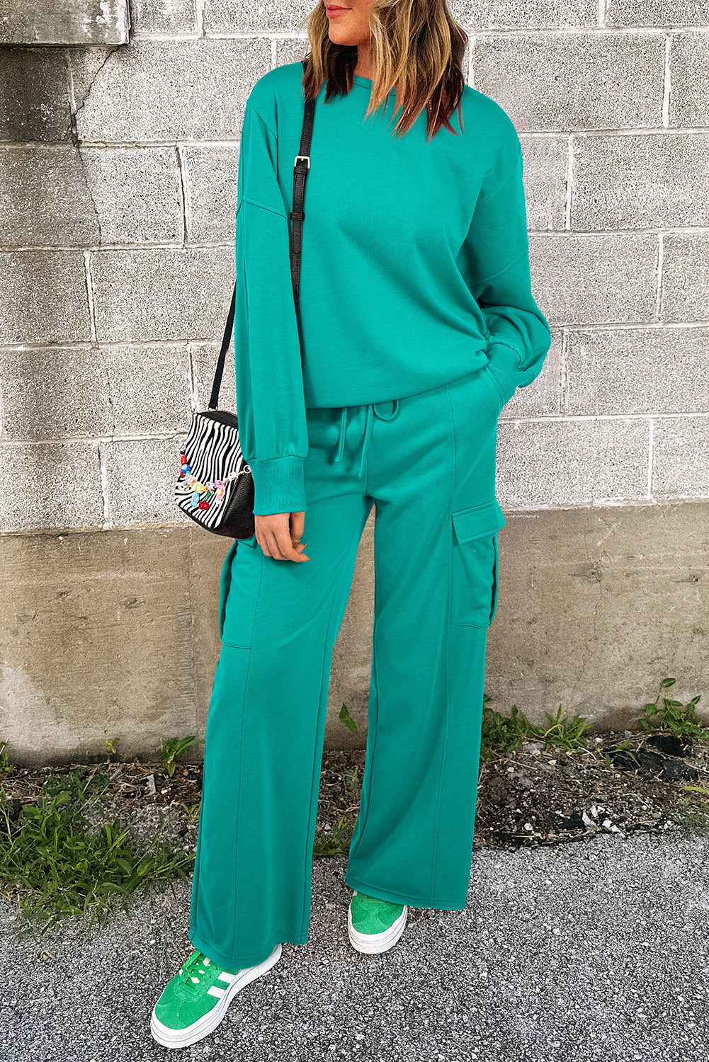 Camille – Solid Color Patchwork Pullover Top and Cargo Pants Set