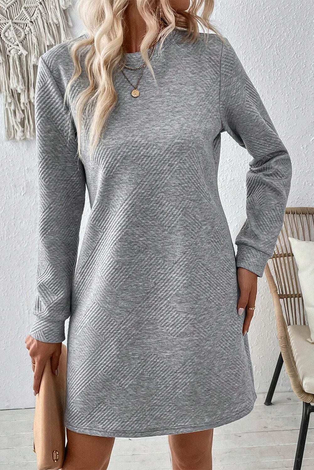 Alaina – Gray Textured Long Sleeve Mini Shift Dress