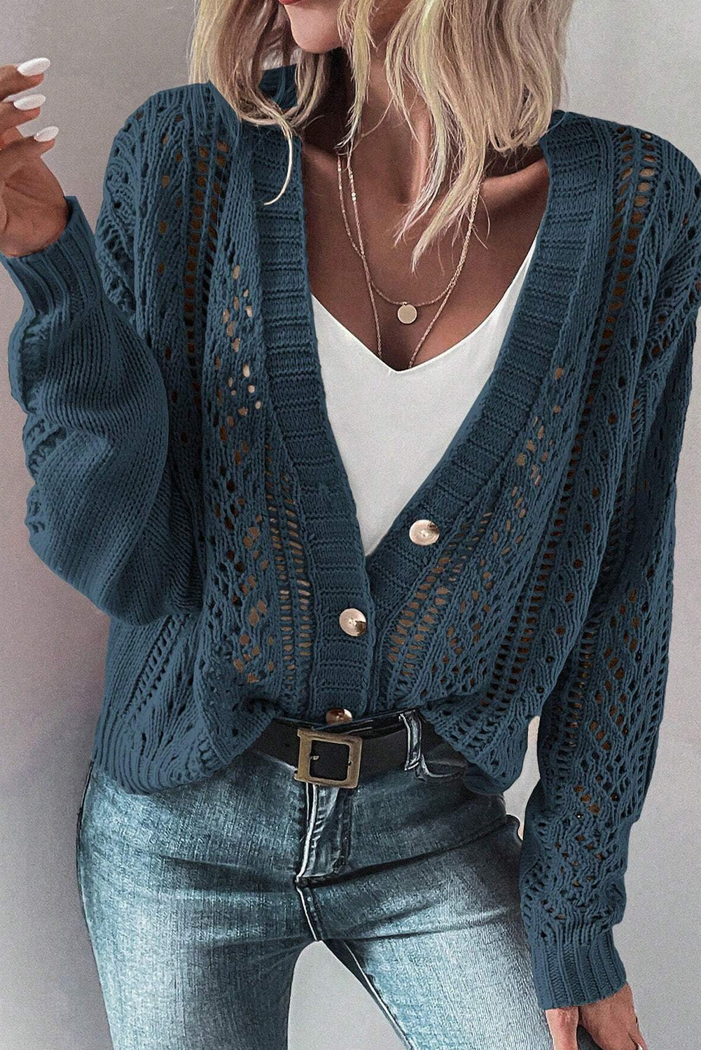 Winter – Women's Open Knit Buttoned Cardigan with Drop Shoulders