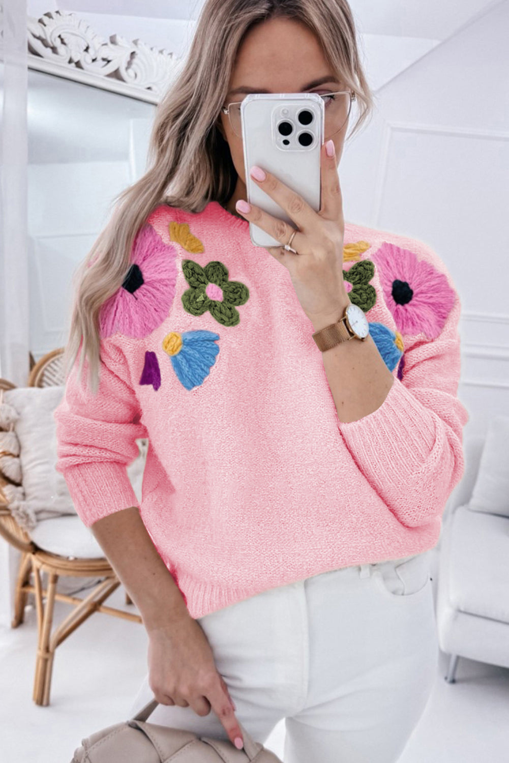 Harley – Knitted Floral Pattern Sweater with Ribbed Trim