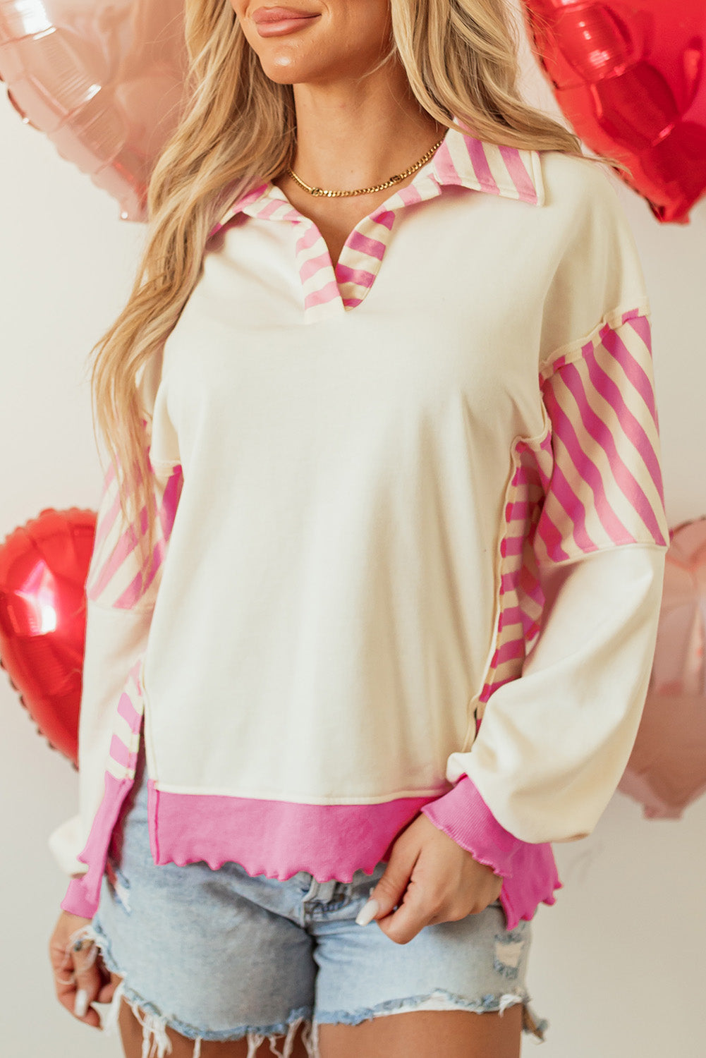Haven – Pink Colorblock Striped Patchwork Collared Knit Top
