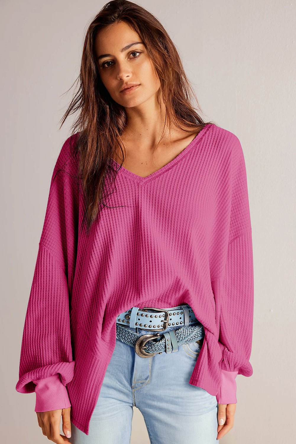 Danna – Waffle Knit V-Neck Drop Shoulder Loose Fit Blouse