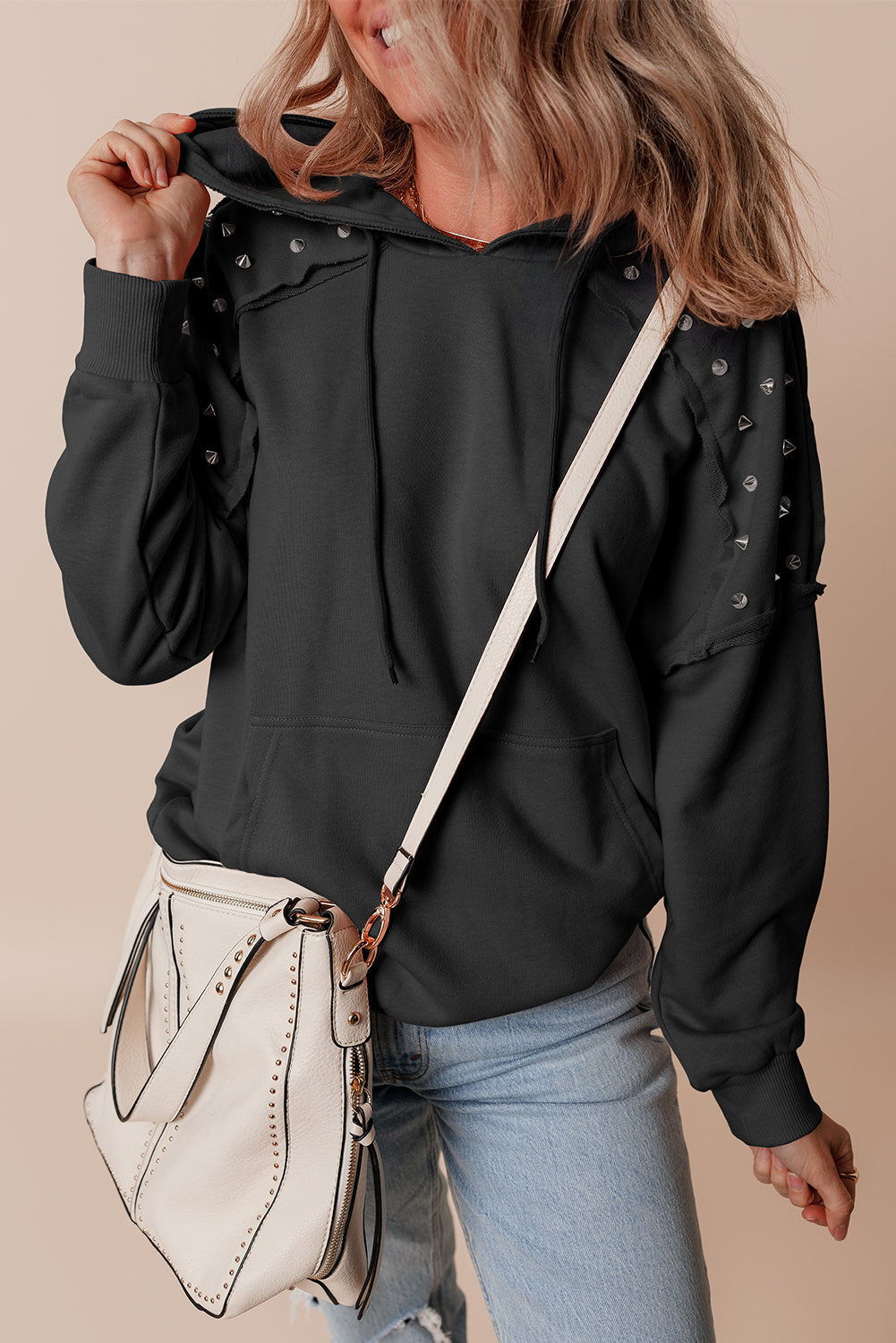 Elise – Solid Color Rivet Stud Raglan Sleeve Hoodie with Pocket