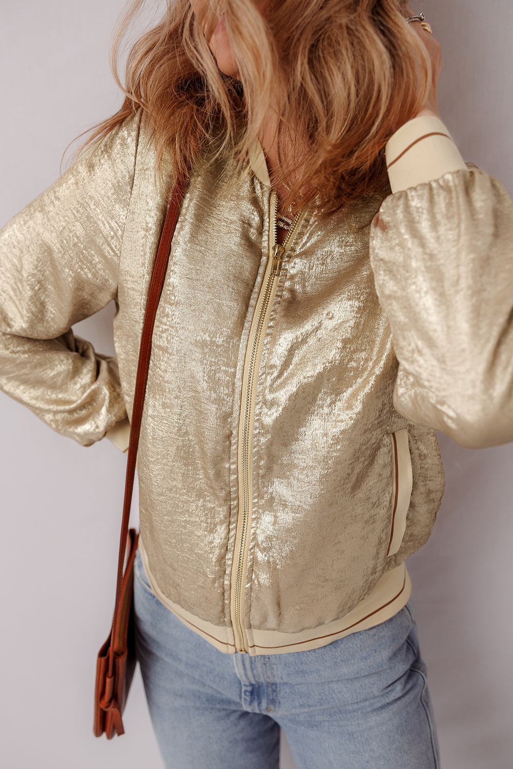 Aspen – Pale Khaki Metallic Zip-Up Baseball Jacket