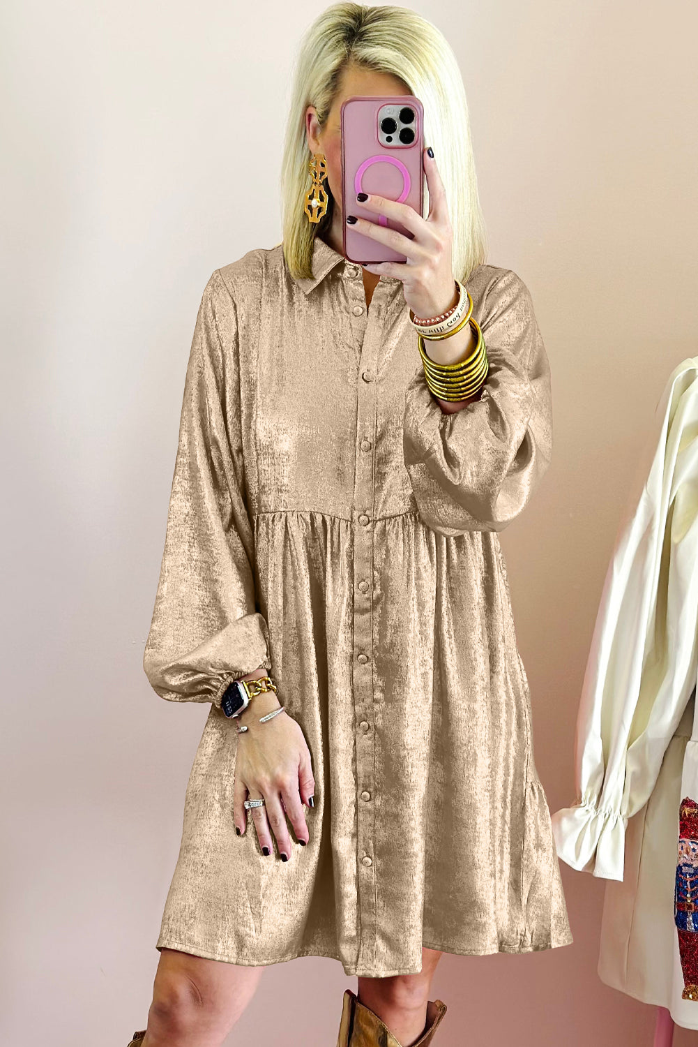 Alexandra – Apricot Metallic Puff Sleeve Mini Shirt Dress with Button Front