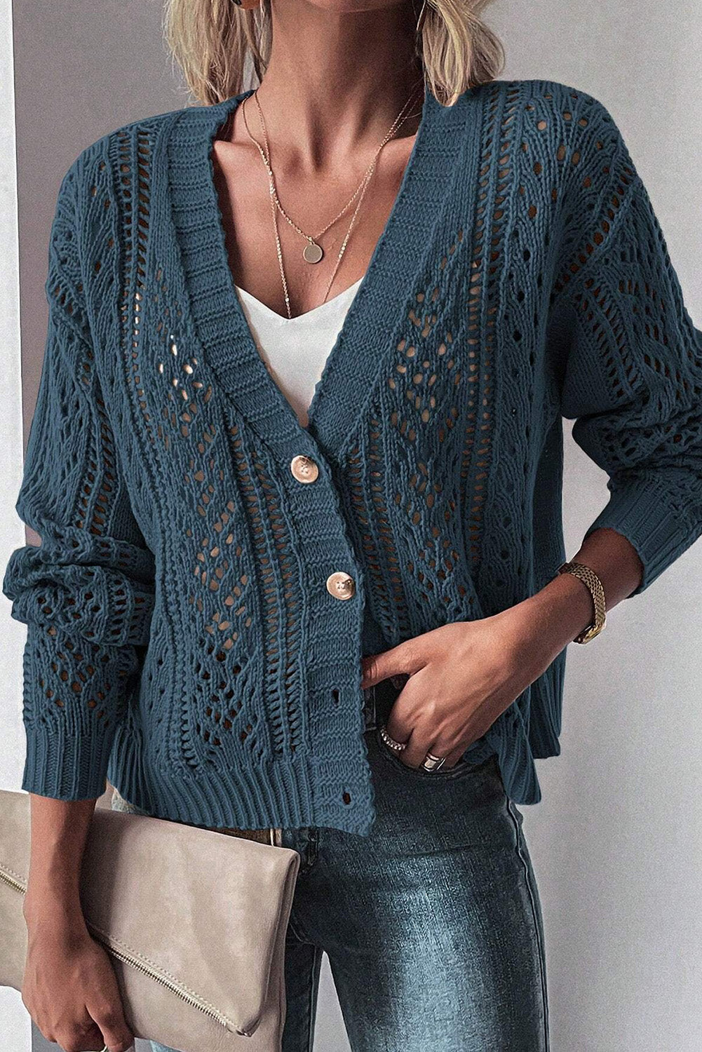 Winter – Women's Open Knit Buttoned Cardigan with Drop Shoulders