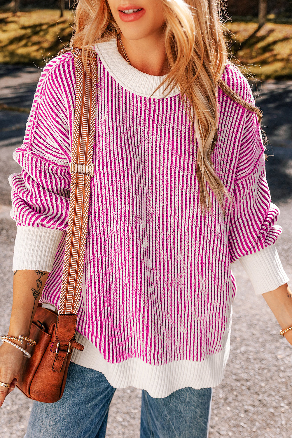 Navy – Women's Striped Textured Knit Loose Fit Sweater