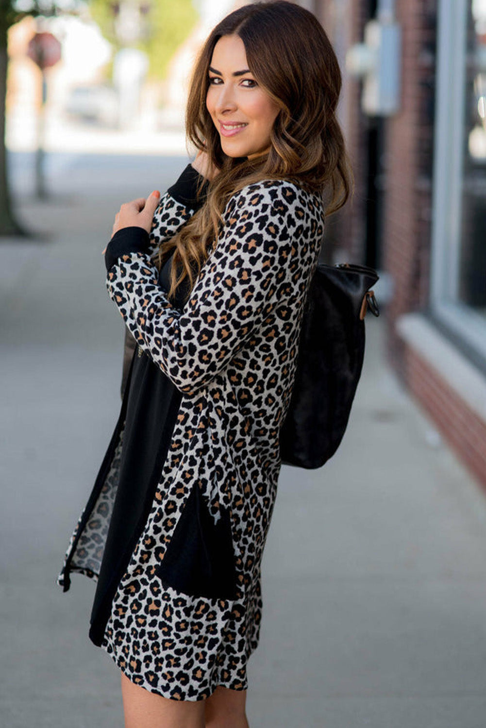 Aitana – Black Open Front Leopard Print Pocket Cardigan
