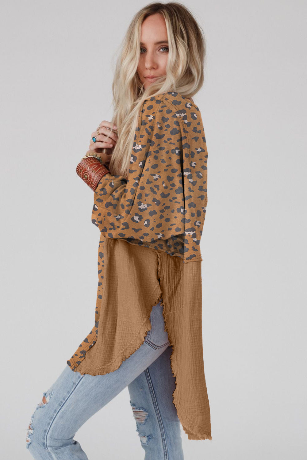 Gabriela – Oversized Leopard Patchwork Raw Edge Blouse